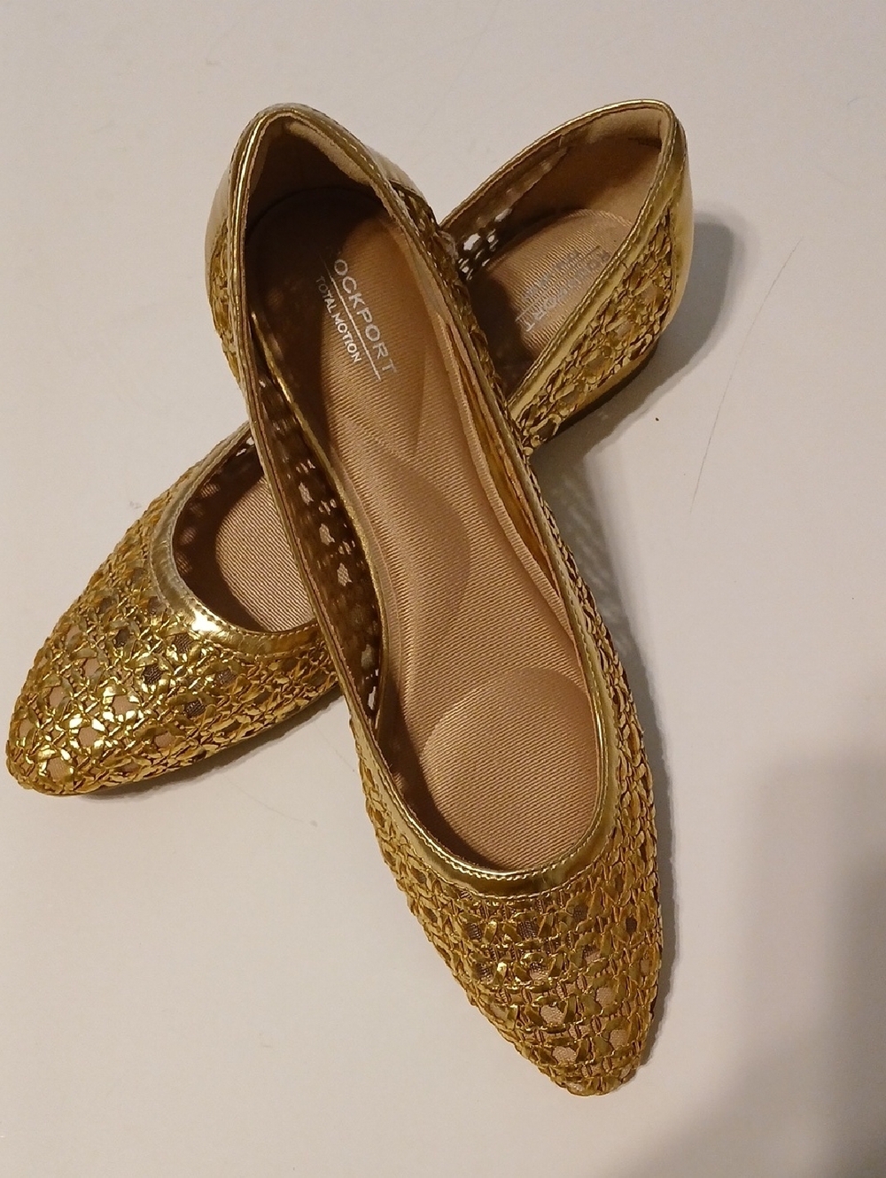 Rockport Metallic Gold Woven Pointed Flats